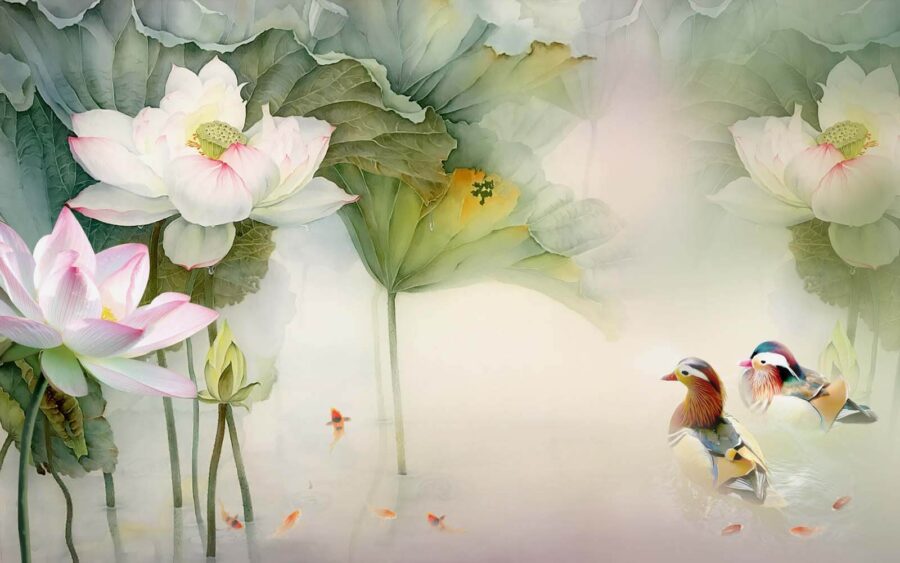 Painting of a duck swimming in a pond with flowers u10109p 900x563 - Painting of a duck swimming in a pond with flowers - tegory