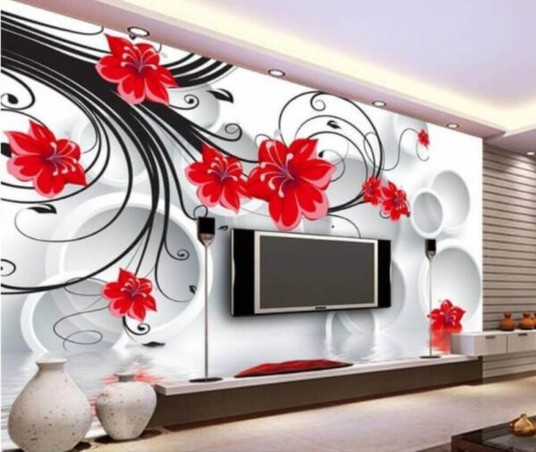 Wallpaper with red flowers and white circles Wallpaper with red flowers and white circles