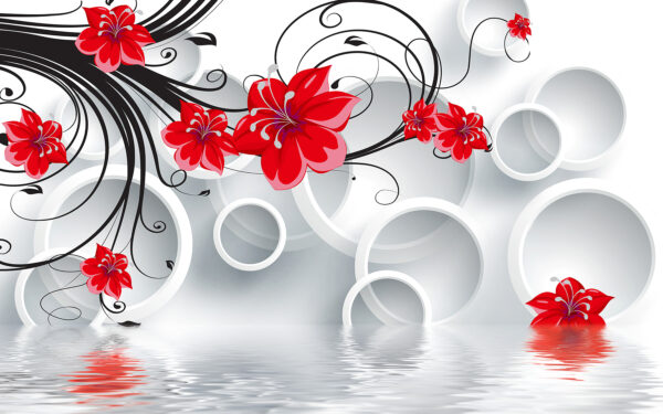 Wallpaper with red flowers and white circles Wallpaper with red flowers and white circles