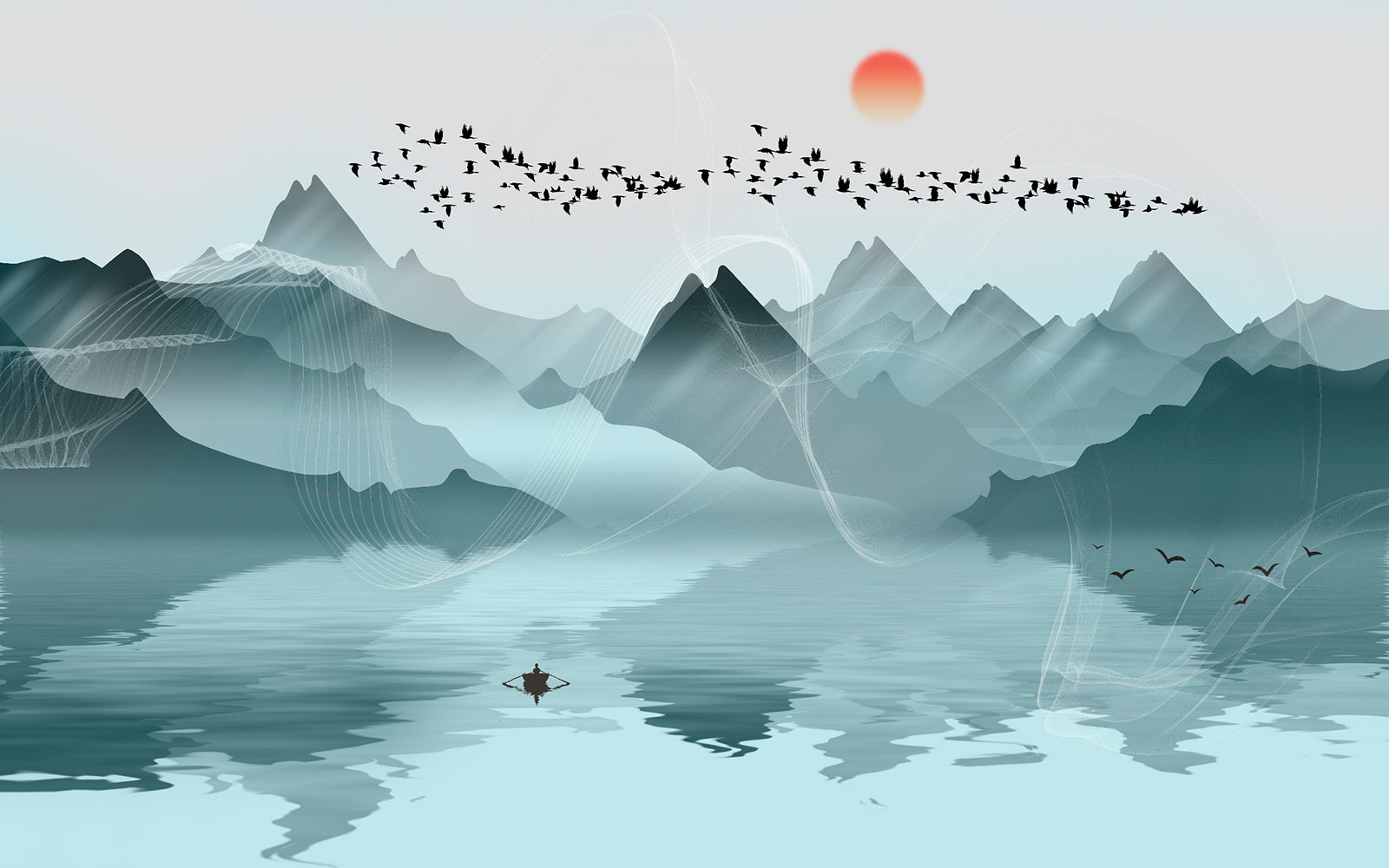 Group of birds flying over a lake u08861p - Group of birds flying over a lake - tegory