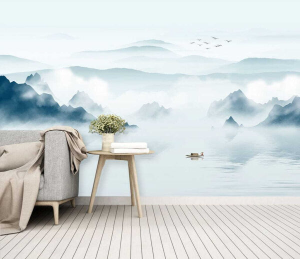 Boat in the water with mountains and birds flying Boat in the water with mountains and birds flying