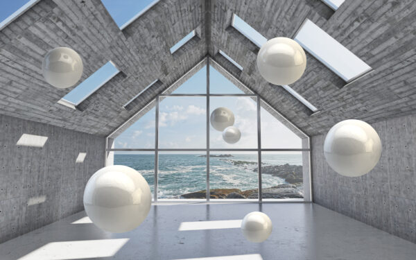 Room with white balls floating in the air Room with white balls floating in the air