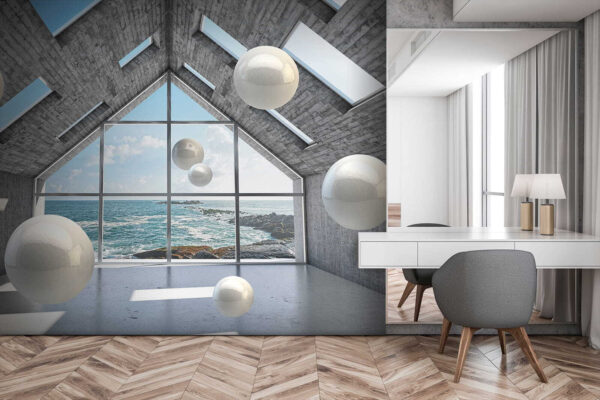 Room with white balls floating in the air Room with white balls floating in the air