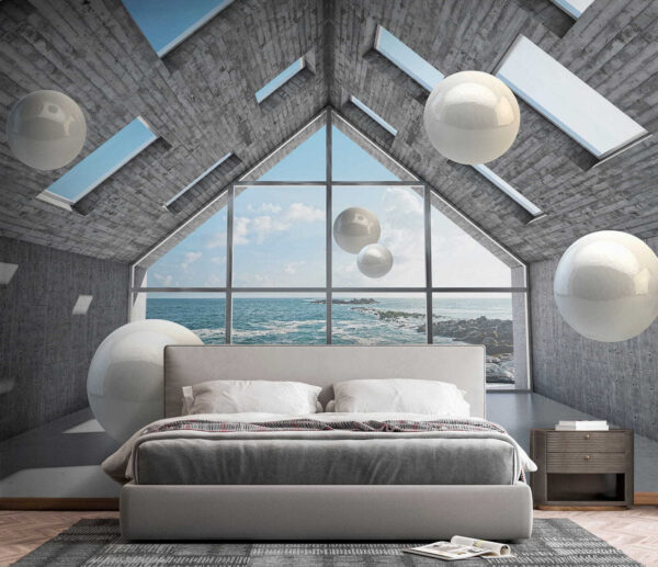 Room with white balls floating in the air Room with white balls floating in the air