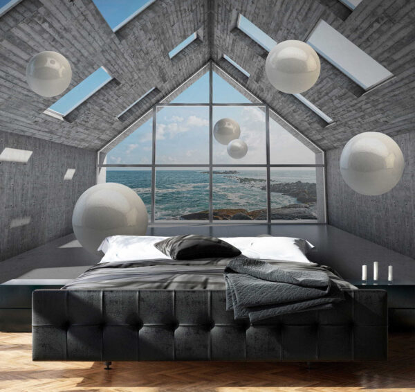 Room with white balls floating in the air Room with white balls floating in the air
