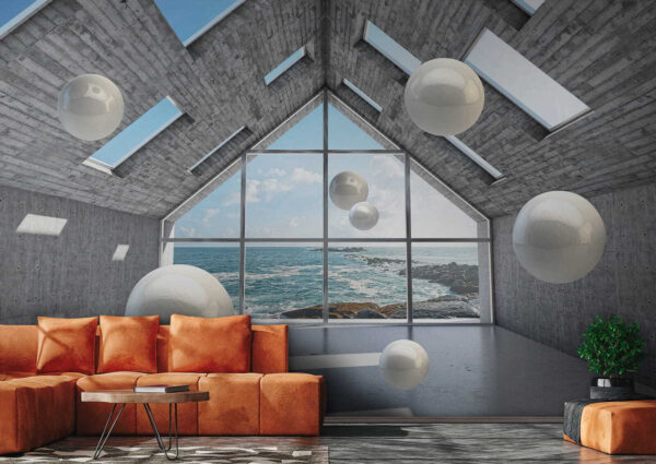 Room with white balls floating in the air Room with white balls floating in the air