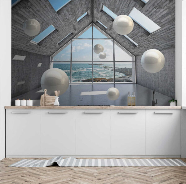 Room with white balls floating in the air Room with white balls floating in the air