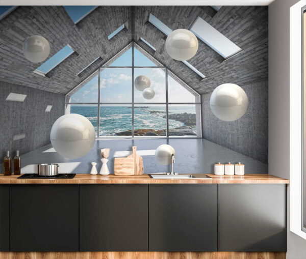 Room with white balls floating in the air Room with white balls floating in the air