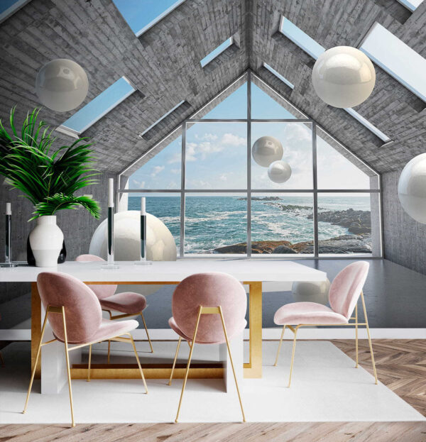 Room with white balls floating in the air Room with white balls floating in the air