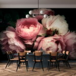 Painting of a baby angel Wall murals Group of pink and white roses