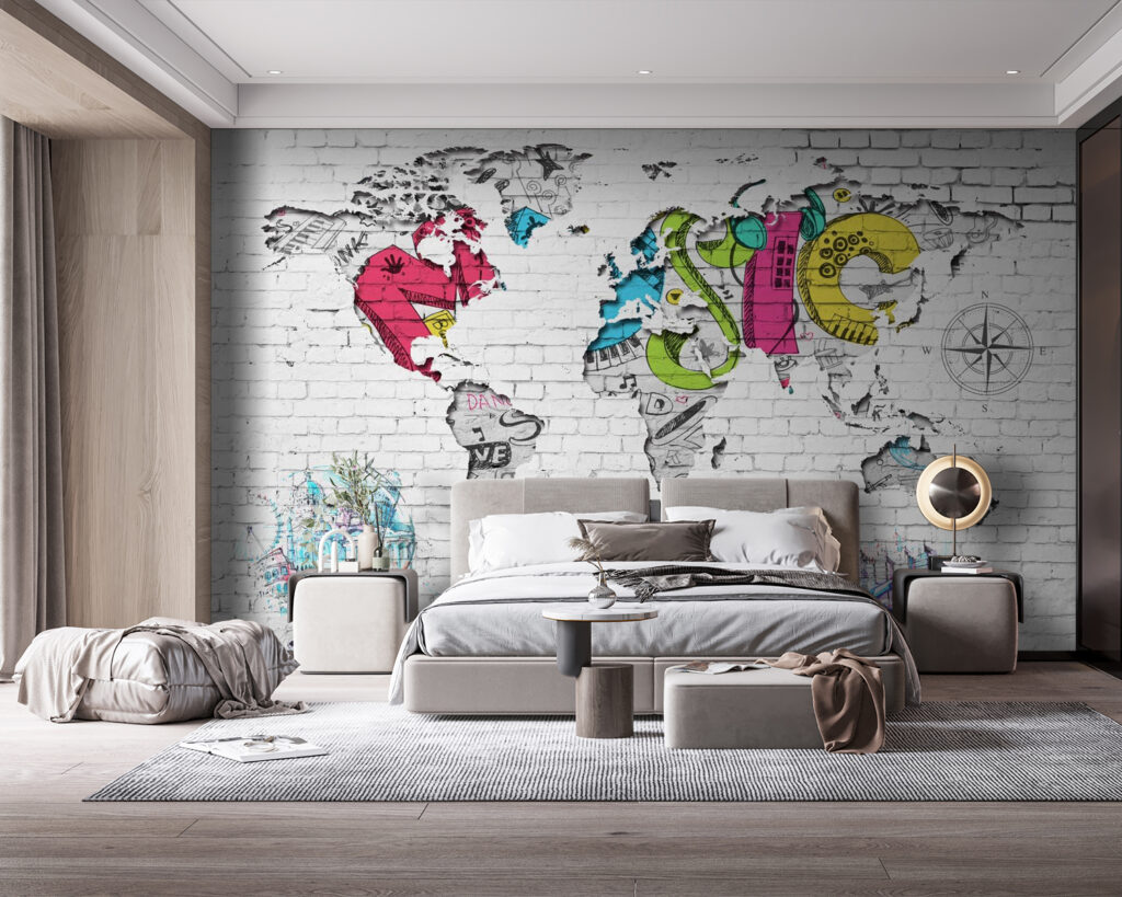 Map of the world painted on a brick wall