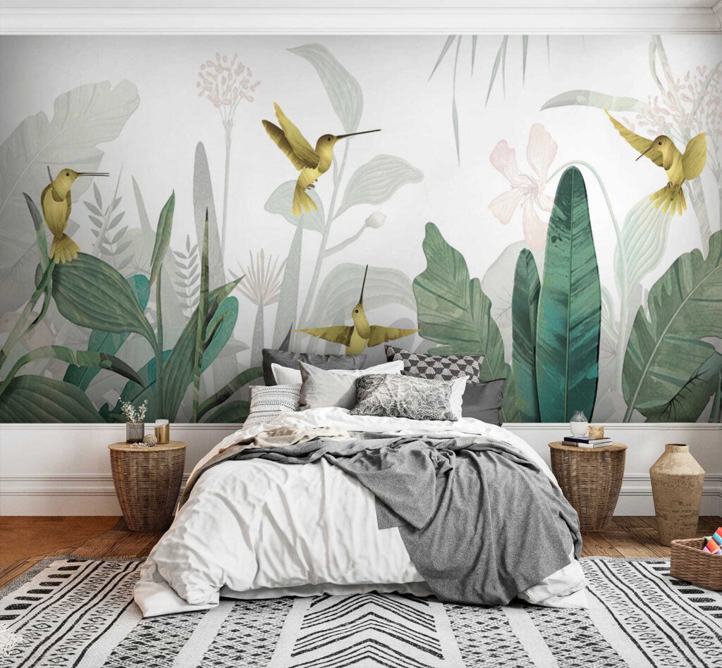 Hummingbirds flying over plants