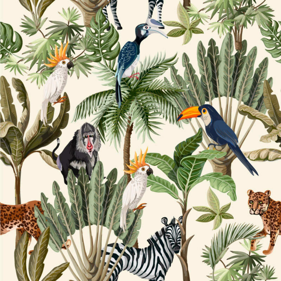 Pattern of tropical plants and birds
