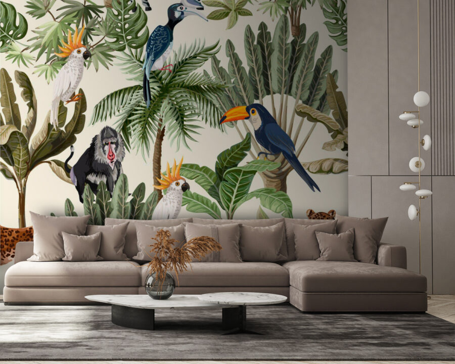 Pattern of tropical plants and birds