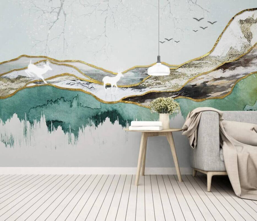 Painting of a deer and mountains