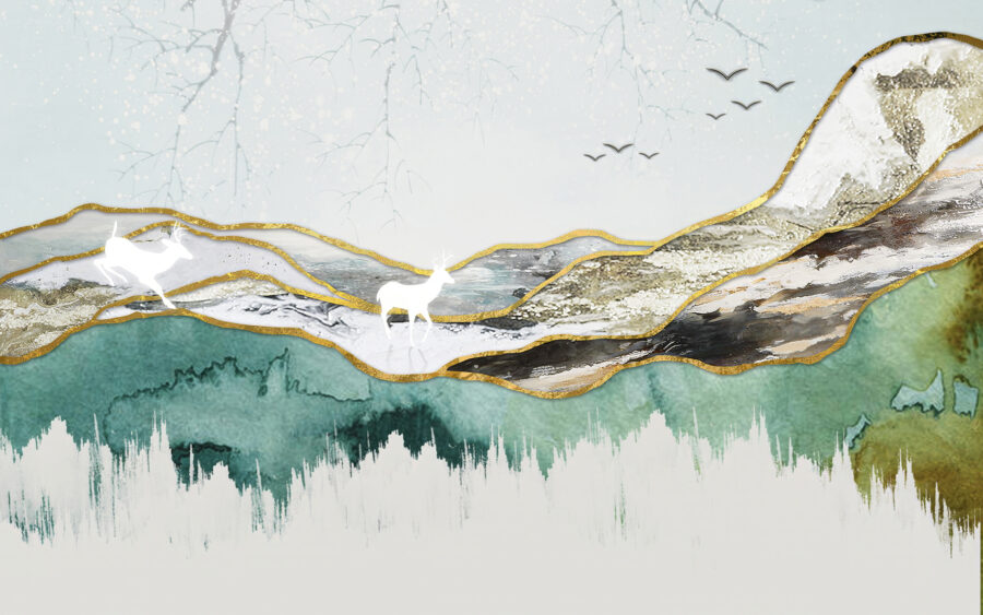 Painting of a deer and mountains