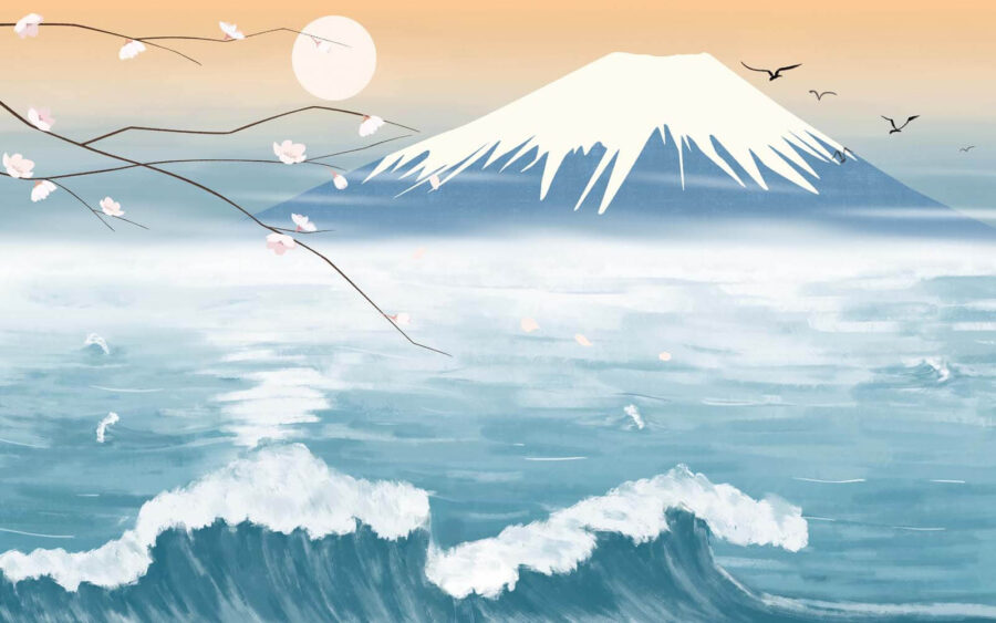 Mountain with waves and a bird flying