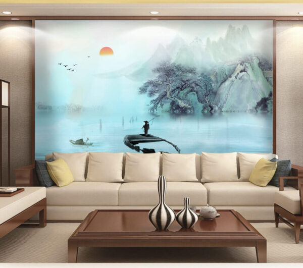 Man standing on a boat in water with mountains and trees Man standing on a boat in water with mountains and trees