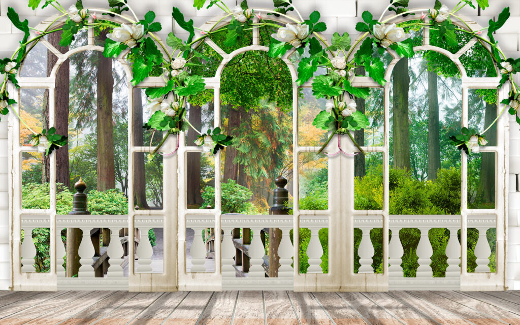 White door with white flowers and green leaves White door with white flowers and green leaves