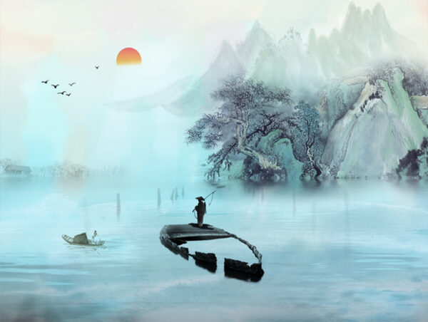 Man standing on a boat in water with mountains and trees Man standing on a boat in water with mountains and trees