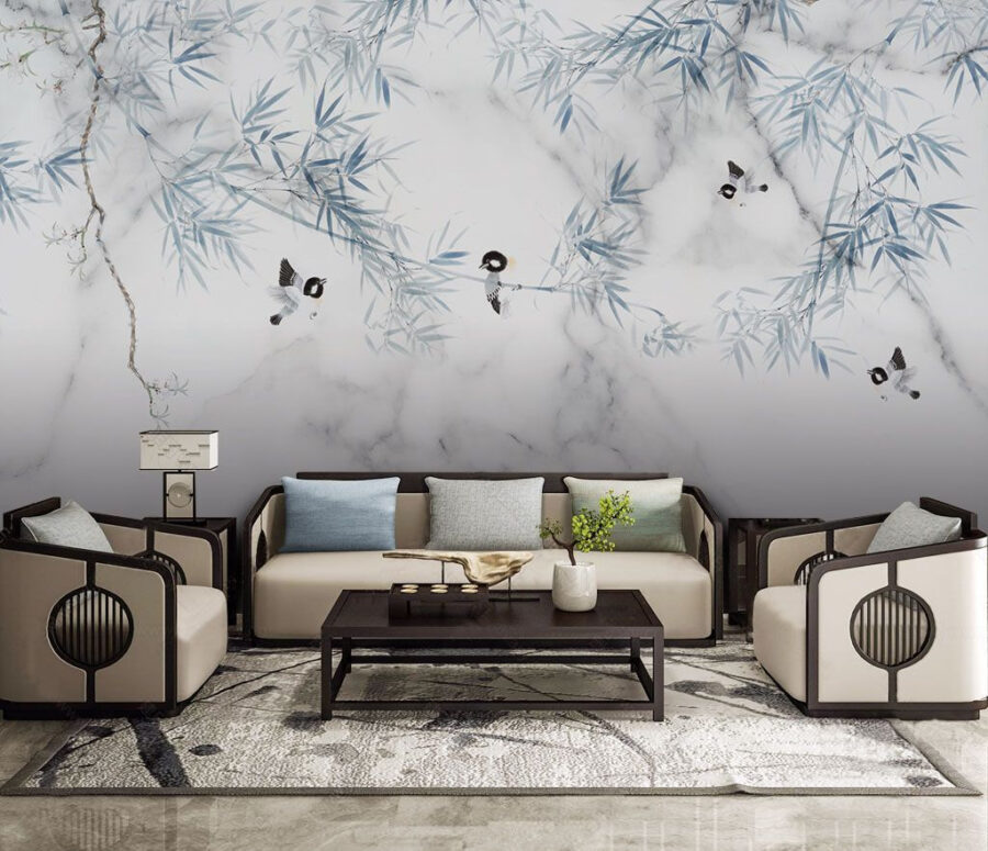 White marble surface with blue leaves and birds