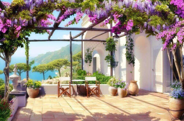 Patio with purple flowers and plants Patio with purple flowers and plants