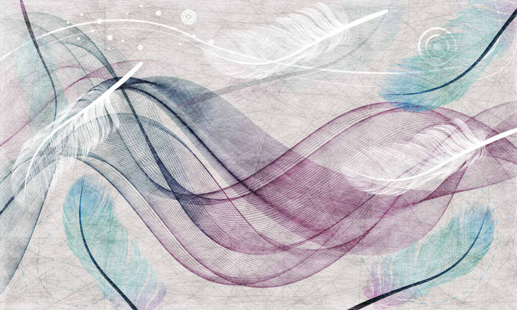 Colorful feathers on a white surface Colorful feathers on a white surface