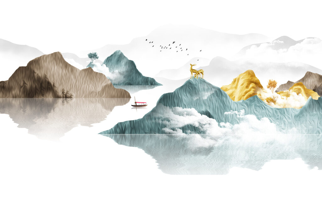 Painting of mountains and boats Painting of mountains and boats
