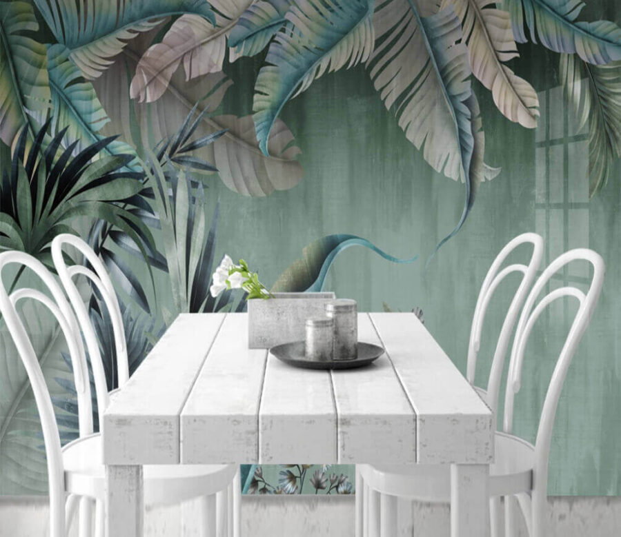 Lush tropical leaves in soft hues