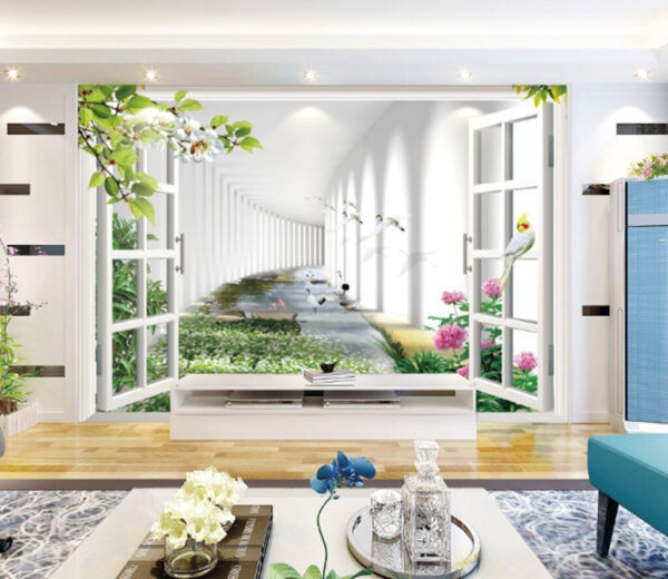 Wall murals Window with a view of a pond and flowers