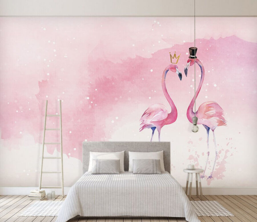 Two flamingos with crown and crown on their head