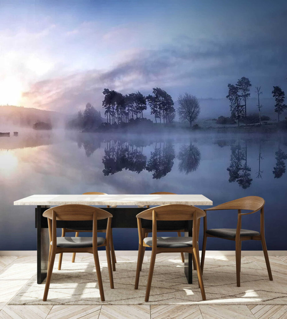 Foggy lake with trees and a blue sky Foggy lake with trees and a blue sky