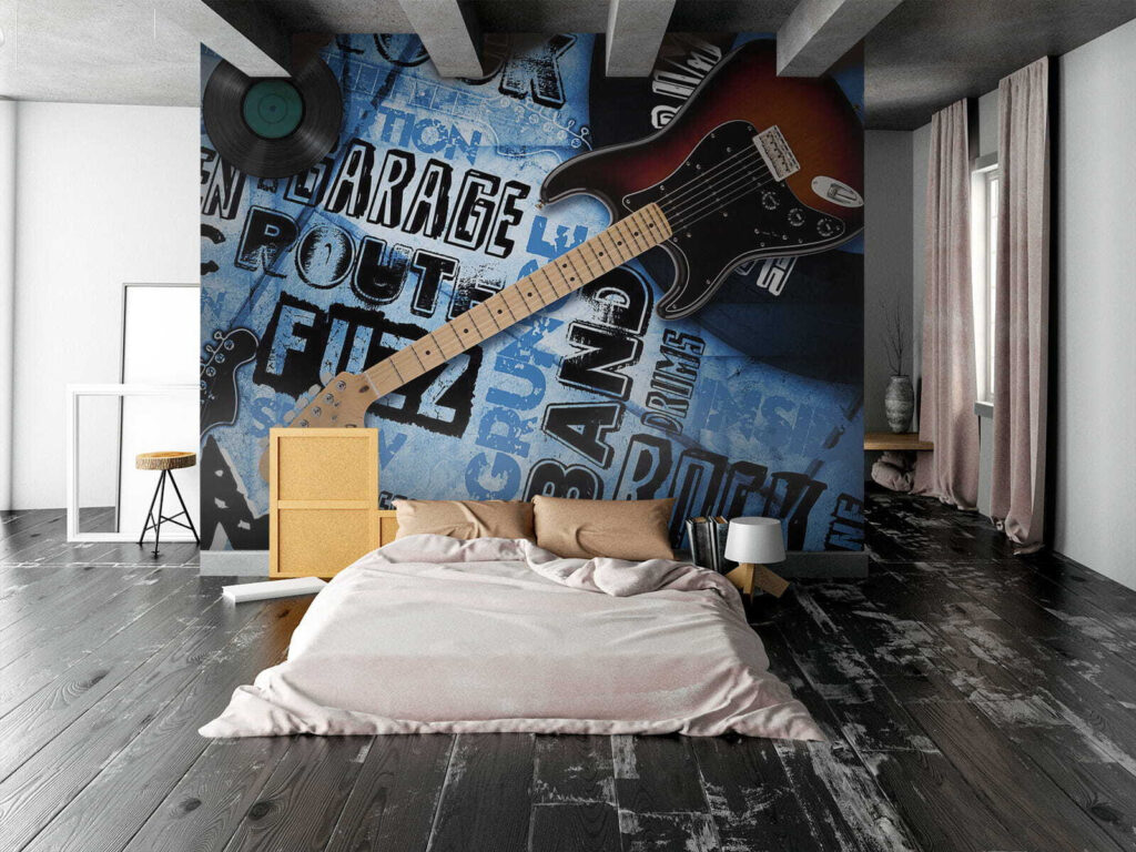 Guitar and record on a blue background