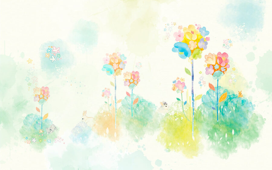 Watercolor painting of flowers and rabbits