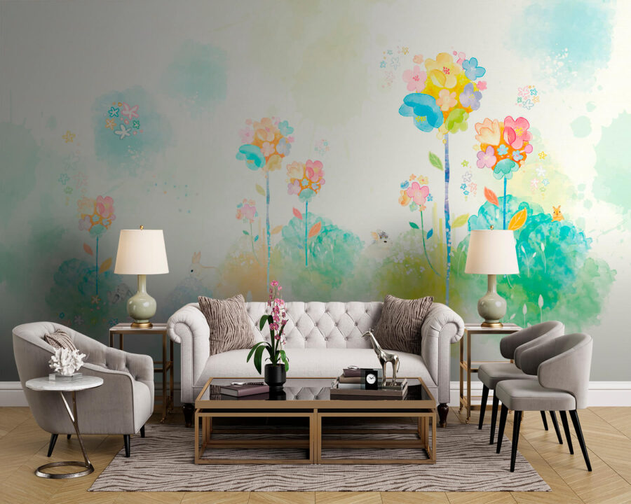 Watercolor painting of flowers and rabbits
