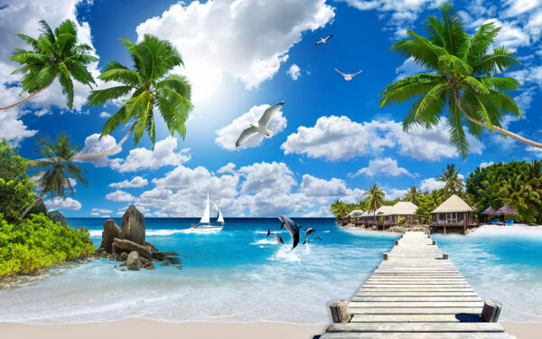 Wooden dock with palm trees and a beach with boats and dolphins Wooden dock with palm trees and a beach with boats and dolphins