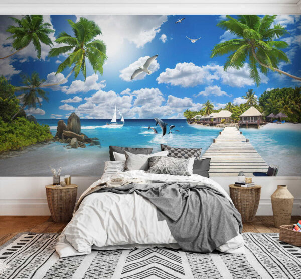 Wooden dock with palm trees and a beach with boats and dolphins Wooden dock with palm trees and a beach with boats and dolphins