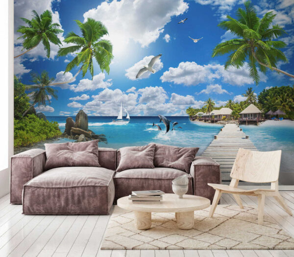 Wooden dock with palm trees and a beach with boats and dolphins Wooden dock with palm trees and a beach with boats and dolphins
