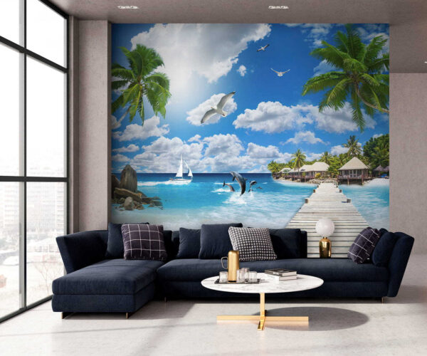 Wooden dock with palm trees and a beach with boats and dolphins Wooden dock with palm trees and a beach with boats and dolphins