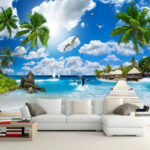 Wall mural Wooden dock with palm trees and a beach with boats and dolphins