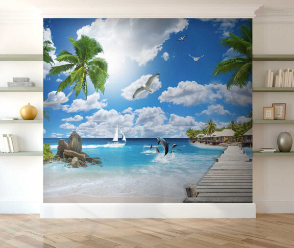 Wooden dock with palm trees and a beach with boats and dolphins Wooden dock with palm trees and a beach with boats and dolphins