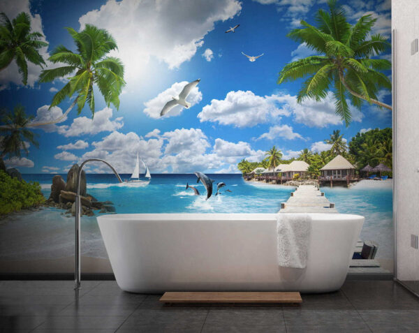 Wooden dock with palm trees and a beach with boats and dolphins Wooden dock with palm trees and a beach with boats and dolphins