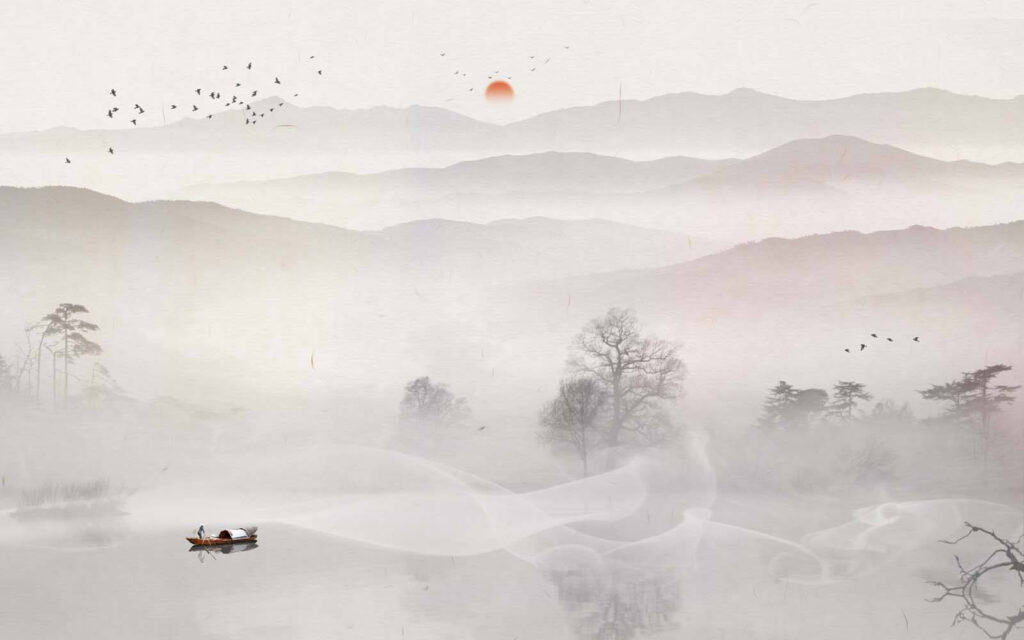 Boat on a lake with fog and trees Boat on a lake with fog and trees
