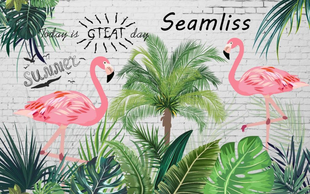 Wall with flamingos and palm trees Wall with flamingos and palm trees