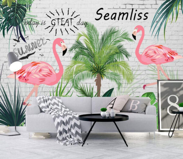 Wall with flamingos and palm trees Wall with flamingos and palm trees