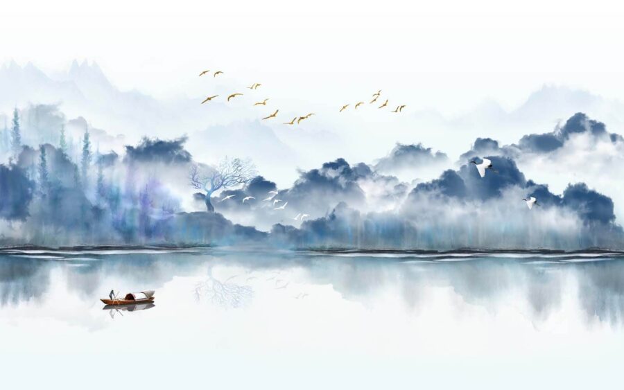 Painting of a boat in the water with birds flying in the sky