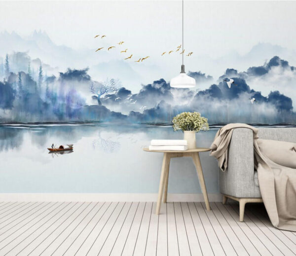 Painting of a boat in the water with birds flying in the sky Painting of a boat in the water with birds flying in the sky