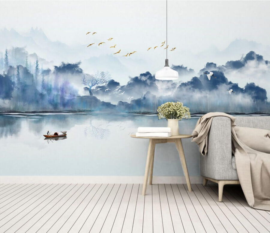 Painting of a boat in the water with birds flying in the sky