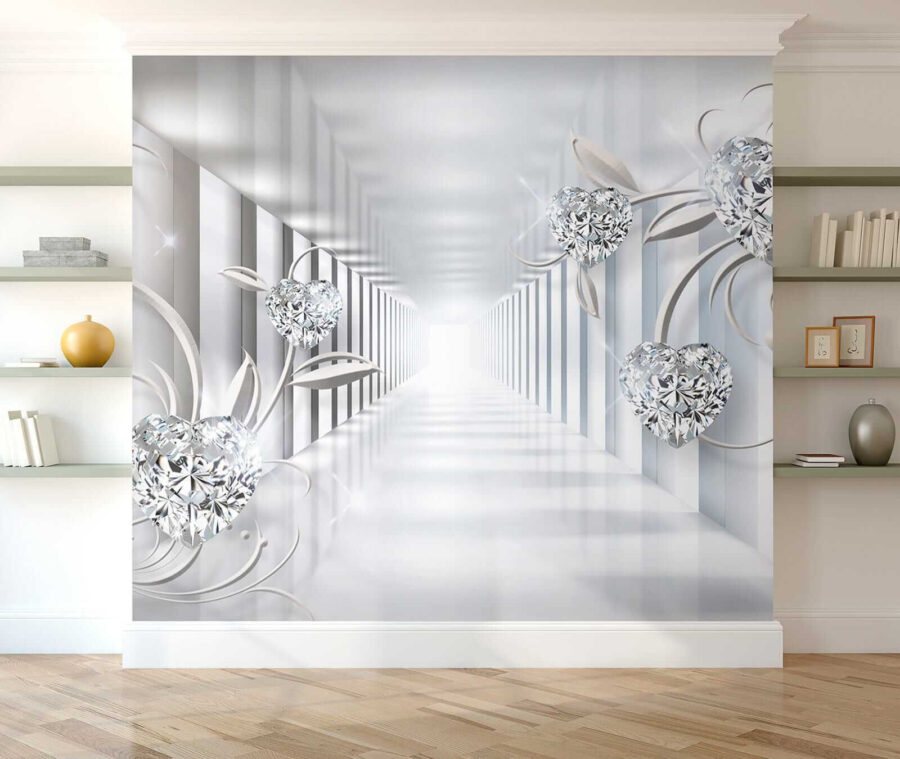 White hallway with diamonds and flowers