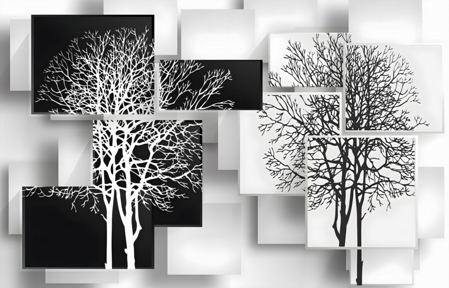 Group of black and white squares with trees on them